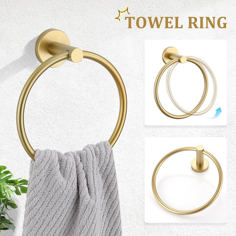 TURS Brushed Gold 5 Piece Bathroom Hardware Set, SUS304 Stainless Steel 24 Inch Bath Towel Bar Set, Round Bathroom Accessories Kit Wall Mounted - Image 3